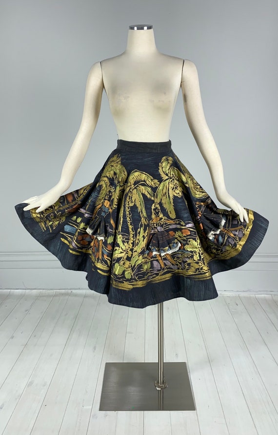 Vintage 1950s Hand Painted MEXICAN CIRCLE SKIRT w… - image 3