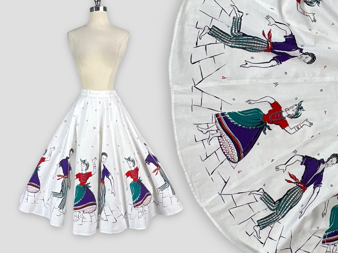 Vintage 1950s NOVELTY PRINT SKIRT Mambo Dancers Full Circle Crisp White  Cotton Vlv Calypso Metal Zipper 12 Panel Border Pin-up Rockabilly Xs