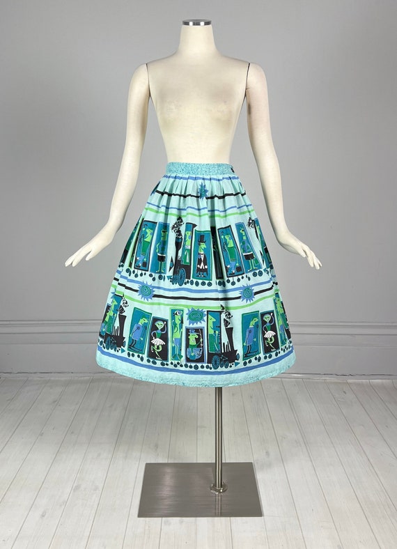 Vintage 50s / 60s NOVELTY PRINT Skirt / blue gree… - image 2