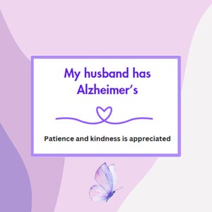 Mijn man heeft een Alzheimer-kaart voor verzorgers.   Geef dit cadeau aan het bedienend personeel, de kapper of anderen voor geduld met je geliefde.
