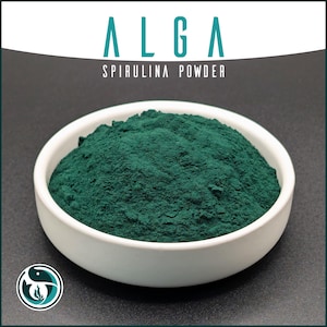 May include: A white ceramic bowl filled with vibrant green spirulina powder. The image features the text "ALGA SPIRULINA POWDER" in teal above the bowl. A logo with a fish and plant design is in the lower left corner.