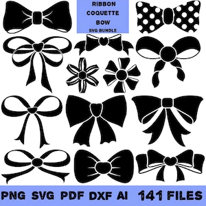 Set di SVG con papillon e nastro festivo, bundle di file di taglio digitale, PNG inclusi, bundle SVG con nastro Coquette - Clipart con papillon e regalo