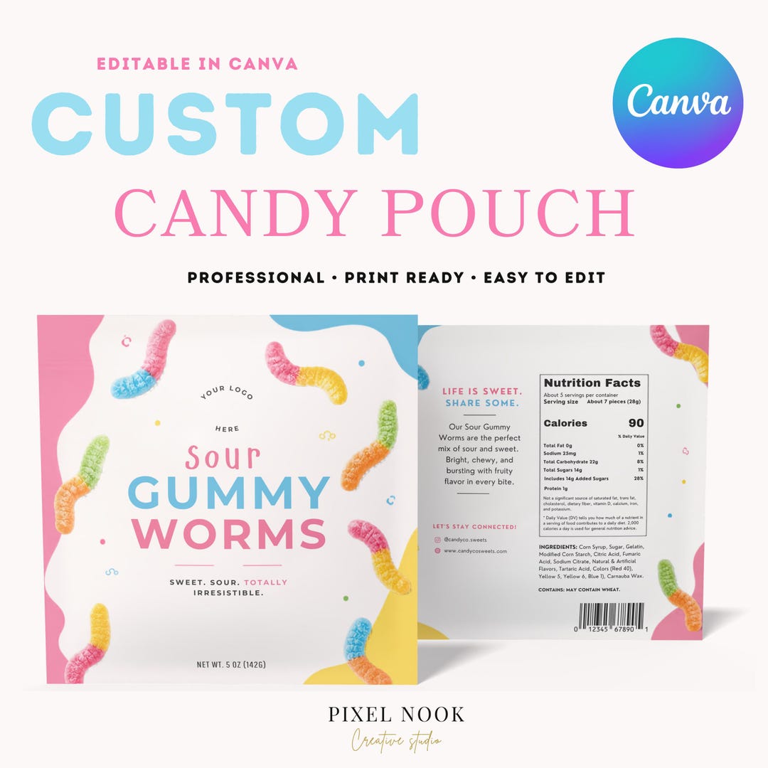Editable Gummy Ropes Editable Sour Gummy Candy Pouch Template Canva, 6x6 Sour Worms ...