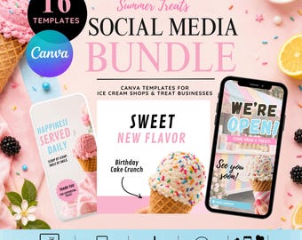 Ice Cream Social Media Templates, Pastel Canva Bundle for Food Businesses (Digital Download)