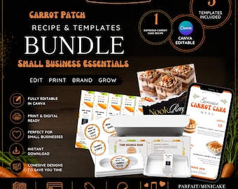 Carrot Cake Recipe and Template Bundle, Canva Editable Cottage Bakery Branding Kit
