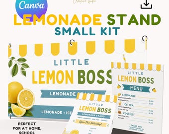 Redigerbar Canva-mall för barn med lemonadstånd, meny, flygblad, banner, välkomstskylt.