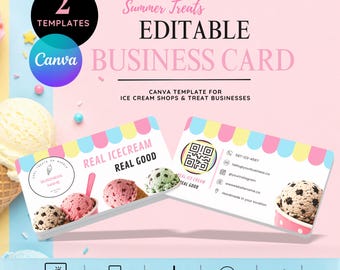 Editable Ice Cream Business Card Template, Pastel Dessert Shop Calling Card (Digital Download)