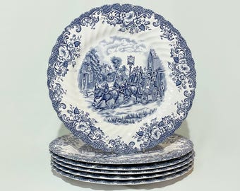 Vintage English Blue & White Coaching Scenes  10” dinner plate. Made By Johnson Brothers.
