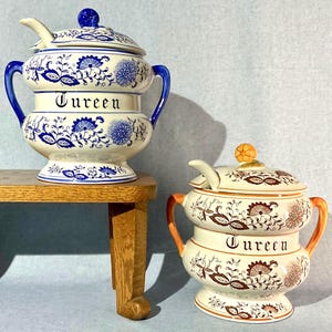Vintage Japanese Onion Soup Tureen, In Blue or Brown Transferware