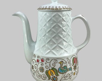 Vintage 60er Jahre Staffordshire English Partridge 9 ”H Kaffeekanne mit Mid Century Folk Art Vogel und Floral Teegeschirr