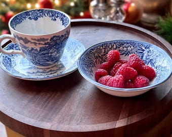 Porcelana inglesa vintage azul y blanca - UN tazón de postre o taza y platillo de English Village