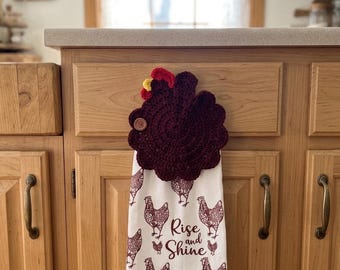 Handmade Crochet Rooster Hanging Towel Rise  Shine Kitchen Tea Towel Farmhouse Chicken Decor Housewarming Gift Country Kitchen