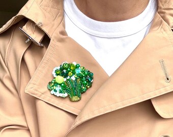 Beaded Broccoli Brooch with natural stones beads, Handmade Vegetable Summer Jewelry. Vegans gift
