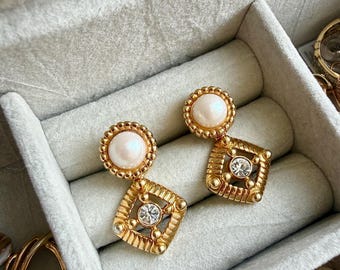 Vintage 1980s Convertible Pearl Stud Earrings, Gold Tone Geometric Drop (2-in-1)