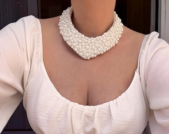 Pearl Statement Necklace for Minimalist Bride, Bold  Couture Wedding Choker to Elevate Simple Dress