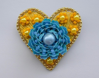 Embroidered Heart Brooch: Beaded Flower Pin, Mexican Jewelry