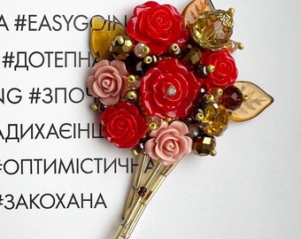 Red Roses Bouquet Brooch, Victorian Secret Garden Jewelry. Birthday Flower Gift