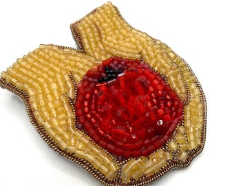 Red Apple Hands Beaded Brooch, Vampire Gothic Romance Jewelry, Dark Academia Accessory
