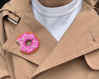 Pink Donut Beaded Brooch. Culinary School Graduation Present. Kawaii Food Pin for Coffee Lover