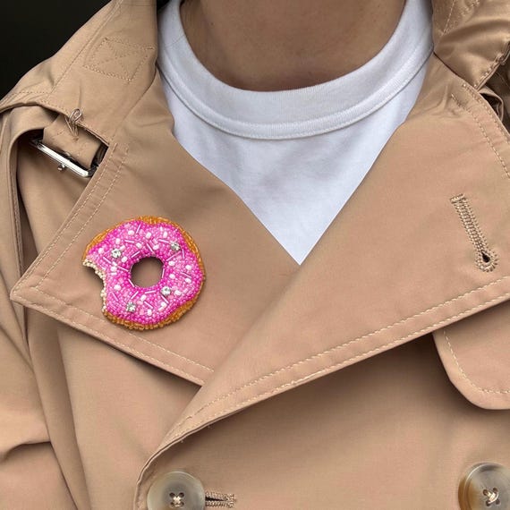 Pink Donut Beaded Brooch. Culinary School Graduation Present. Kawaii Food Pin for Coffee Lover