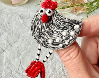 Handmade Beaded Chicken Brooch, Yarn Embroidery Hen Pin, Farmhouse Bird Accessory