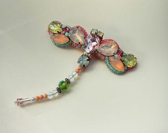 Handmade Beaded Dragonfly Brooch: Crystal Wings Embroidery Insect Pin Jewelry