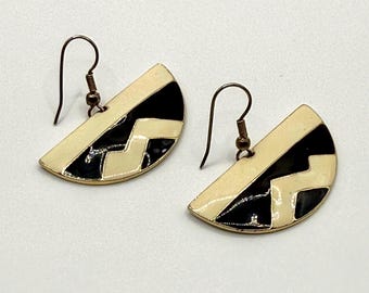 Edgar Berebi Enamel Earrings, Black Cream Geometric Dangle, 1980s Modernist Style