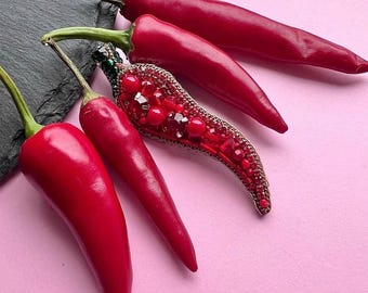 Red Chili Pepper Beaded Brooch. Embroidered Vegetable. Asian Spicy Food Pin. Plant Lover Jewelry