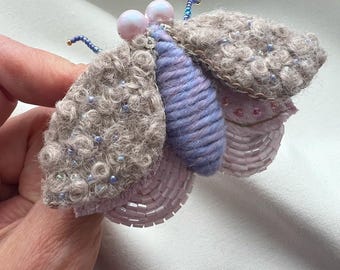 Handmade Moth Pin – Wool & Swarovski Pearl Accent, Light and Cozy Pin