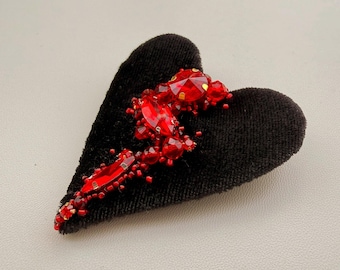 Broken Heart Brooch. Black Velour Beaded Brooch with Red Crystals Accent