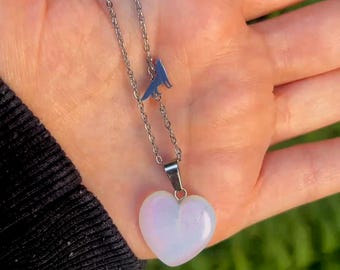 Vampire Wolf Charm Necklace, Moonstone Heart Pendant, Stainless Steel, Gothic Romance Bookish Jewelry
