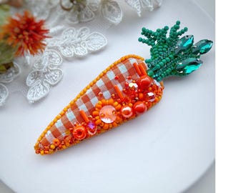 Handmade Beaded Carrot Brooch, Thanksgiving Gingham Jewelry, Sparkly Crystal Pin