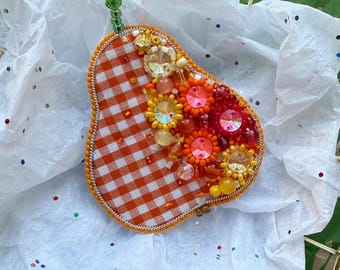 Handmade Beaded Pear Brooch, Gingham Crystal Pin, Autumn Gift
