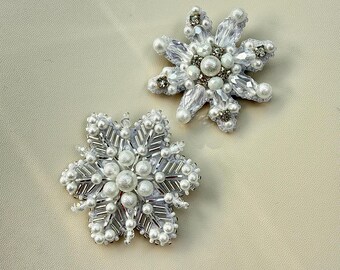 Beaded Snowflake Brooch: Embroidered Crystal Winter Pin