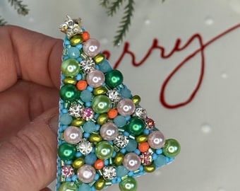 Beaded Christmas Tree Brooch: Embroidered Christmas Tree Pin. Secret Santa Gift, Unique Holiday Gift. Pastel Christmas Tree Brooch
