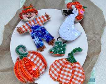 Beaded Pumpkin Brooch Set, Farmhouse Autumn Goose Pin, Scarecrow Badge, Cozy Fall Gingham Jewelry