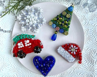 Handmade Beaded Christmas Brooch Set: Gingerbread, Snowflake, Santa Hat, Tree, Car (Set of 6)