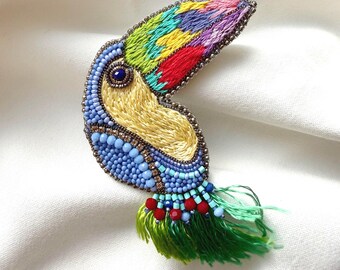 Dopamine Decor Toucan Bird Brooch. Bright Beaded Tropical Statement Pin