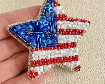 Handmade Beaded Star Brooch, Patriotic USA Flag Pin, Red White Blue Jewelry