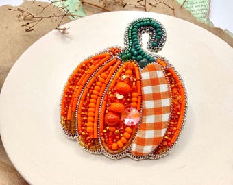 Beaded Pumpkin Brooch, Plaid Detail, Thanksgiving Autumn Jewelry, Farmhouse Mixed Media Pin