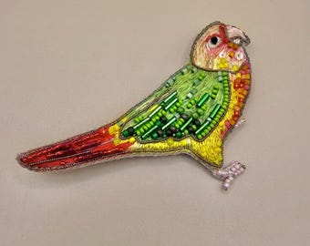 Green Cheek Conure Beaded Brooch. Pineapple Conure Embroidered Bird Pin. Unique Gift for Parrot Lover