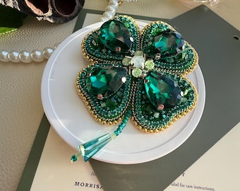 Hand Embroidered Four Leaf Clover Brooch: Crystal Green Botanical Beadwork Pin