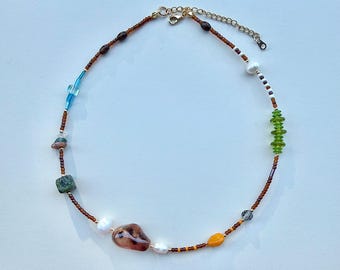 Asymmetric Beaded Choker Necklace: Jasper, Pearl, Wood, Glass (14.9" Length)
