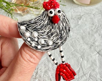 Handmade Beaded Chicken Brooch, Yarn Embroidery Hen Pin, Farmhouse Bird Accessory