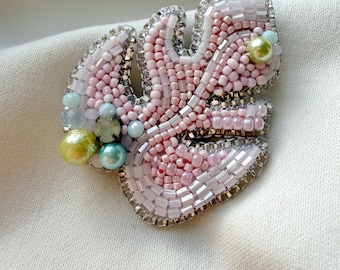 Beaded Monstera Leaf Brooch: Hand Embroidered Magic Pink Tropical Pin
