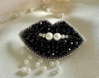 Salvador Dali Lips Brooch, Black Beaded Surrealist Pin, Pearl Teeth