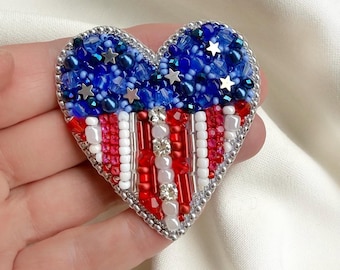 Handmade Beaded American Flag Heart Brooch, Patriotic Pin, America 250 Aniversary Celebrations