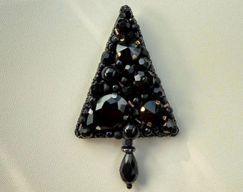Beaded Black Christmas Tree Brooch: Handmade Crystal Holiday Pin. Secret Santa Gift