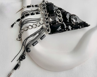 Black Triangle Brooch with Long Chains, Gothic Rhinestone Tassel Pin for Jacket