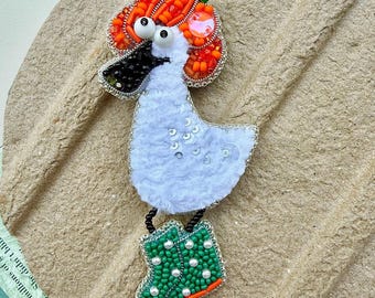 Handmade Beaded Goose Brooch, Pumpkin Hat, Rain Boots, Autumn Animal Jewelry